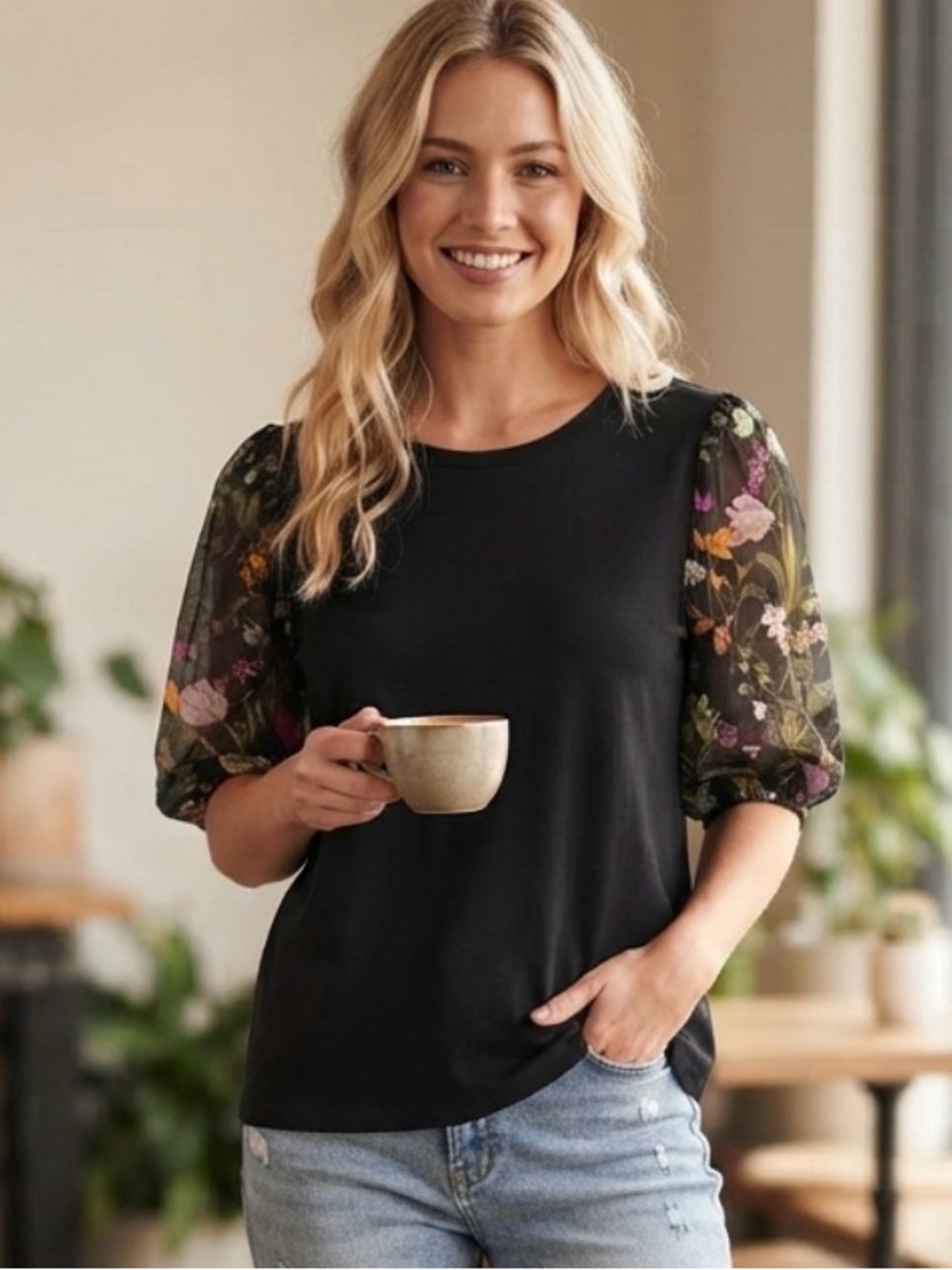 Tahari Black Top with Sheer Floral Puff Sleeves